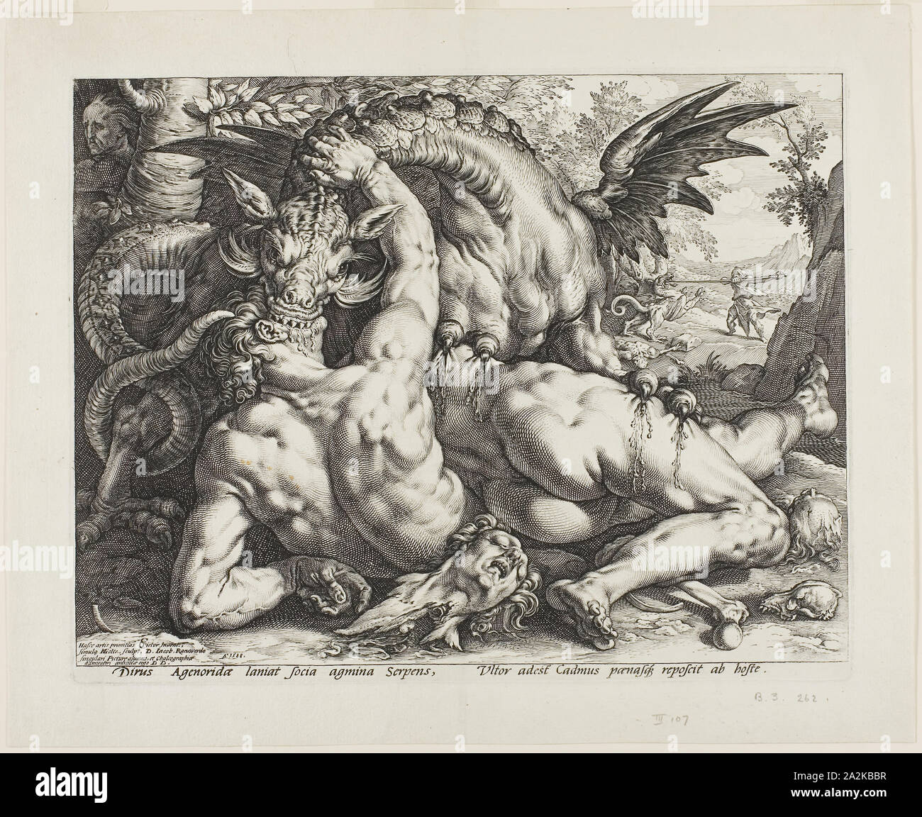 Il Drago divorando i compagni di Cadmo., 1588, Hendrick Goltzius (Olandese, 1558-1617), dopo Cornelis Cornelisz. van Haarlem (Olandese, 1562-1638), Paesi Bassi, incisione di nero in su avorio carta vergata, 240 x 317 mm (nell'immagine), 251 x 321 (piastra), 302 x 373 mm (foglio Foto Stock