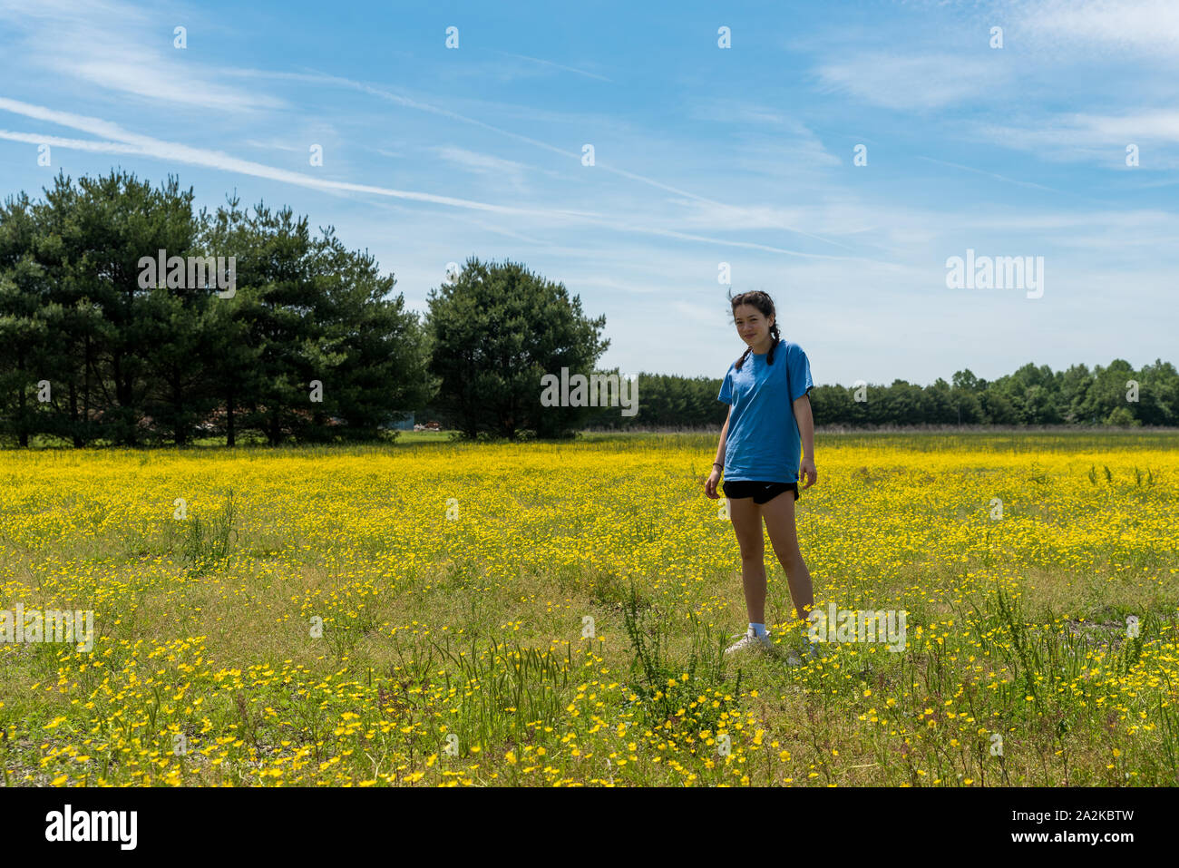 Teen ragazza in pantaloncini corti in piedi nel campo di grandi dimensioni con fiori di colore giallo e di alberi in background Foto Stock