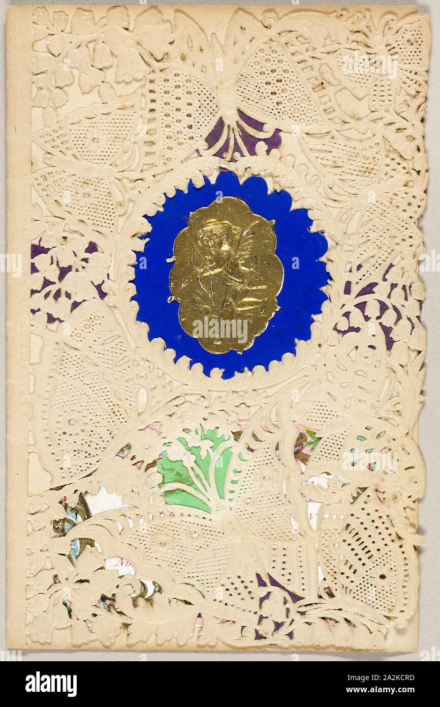 Untitled Valentine (Cupido e farfalle), 1860/69, Berlino e Jones, American, secolo XIX, Stati Uniti, Collaged elementi sul taglio e goffrata (progettato) Ivory carta intessuta, 123 x 80 mm (foglio piegato Foto Stock