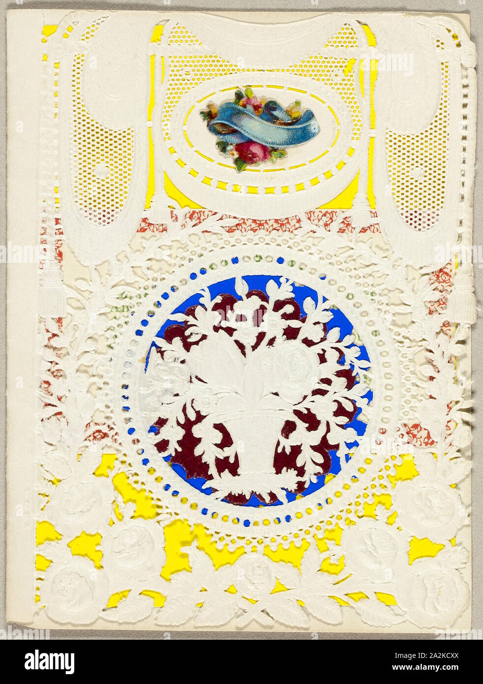 Untitled Valentine (vaso di fiori), 1850/59, George Meeke, Inglese del XIX secolo, l'Inghilterra, Collaged elementi sul taglio e goffrata (progettato) Ivory carta intessuta, 97 × 73 mm (foglio piegato Foto Stock