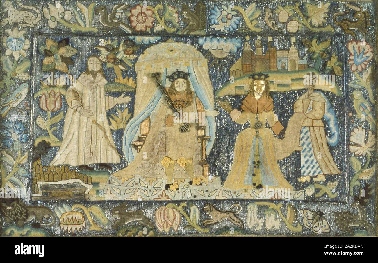 Immagine che ritrae la regina di Saba prima che il re Salomone, c. 1660, Inghilterra, biancheria, ad armatura a tela, ricamato con filo interdentale in seta increspata, filati di seta e filati di lino, argentato-filo in metallo argentato-metallo-strip-avvolto di seta, e argentato-strisce metalliche, filo e le bobine nel retro, lingotti, Ceylon, nuvoloso, oblique Gobelin, treccia treccia, raso, split, tenda, e una varietà di maglie ad asola, di cui il lavoro, adagiandosi e teste di turco nodi con bullion picots, abbellito con spirali metalliche e paillettes, bordato con semi di perle e di vetro e perle di corallo, applicato treccia di martellato metallo dorato, 43,4 × 59 cm (17 Foto Stock