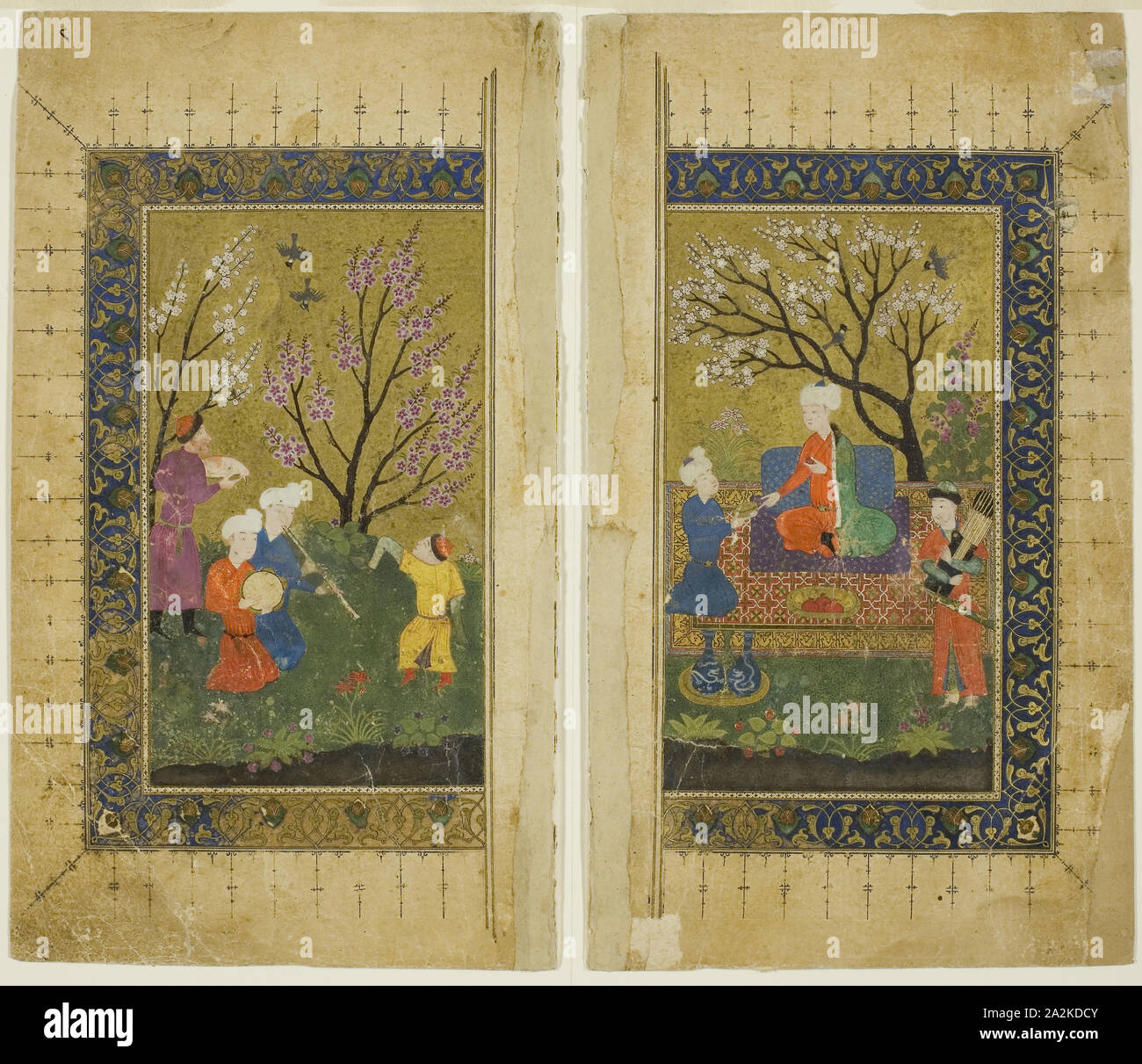 Giardino Scena, Timurid dinastia (ca. 1370-1507), la metà del XV secolo, Iran, eventualmente Shiraz, Herat, acquerello opaco e oro su carta, ogni lato: 17,8 x 10,2 cm (7 x 4 pollici Foto Stock
