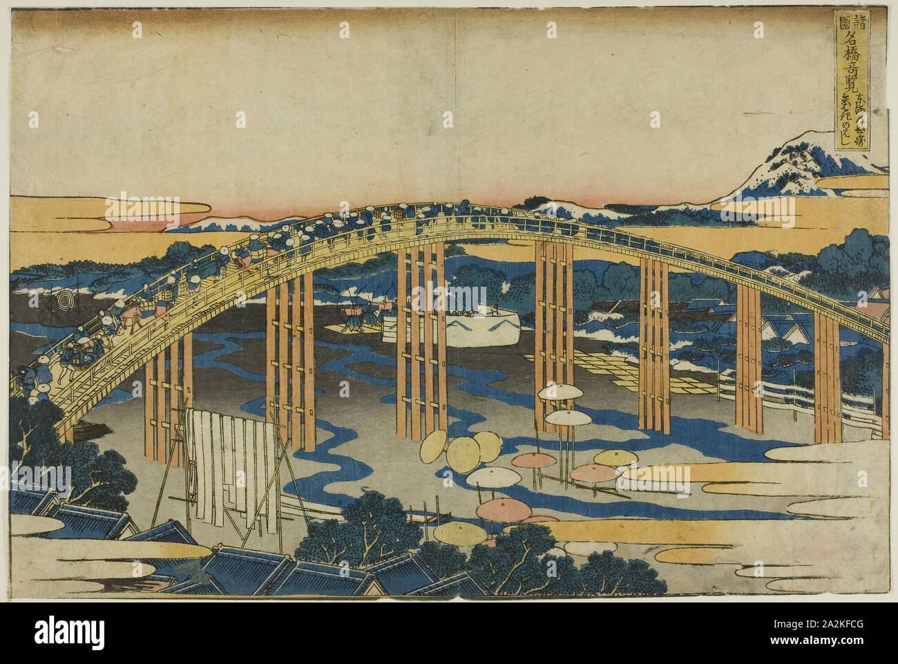 Ponte Yahagi in Okazaki sulla Tokaido (Tokaido Okazaki Yahagi no hashi), dalla serie vedute insolite di famosi ponti in varie province (Shokoku meikyo kiran), c. 1833/34, Katsushika Hokusai 葛飾 北斎, Giapponese, 1760-1849, Giappone, Color woodblock stampa, Oban, 23,0 x 34,5 cm Foto Stock
