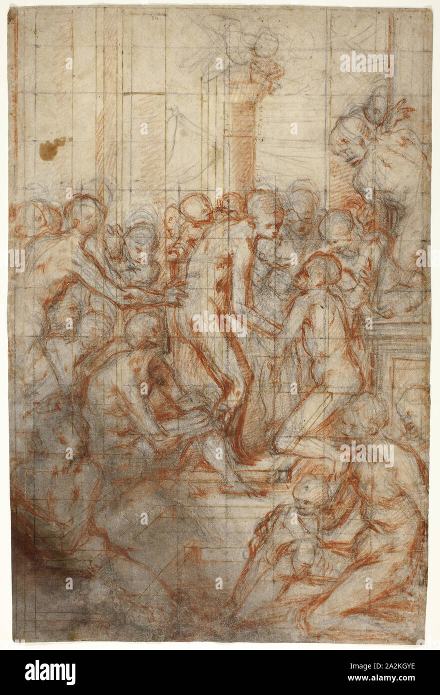 Studio per la purificazione della Vergine, c. 1577, Giovanni Battista Naldini, Italiano, 1537-1591, Italia, rosso e gesso nero con sconcertante e incidendo su penna e inchiostro bruno, su avorio carta vergata, squadrati in gesso nero, 409 x 272 mm (max Foto Stock