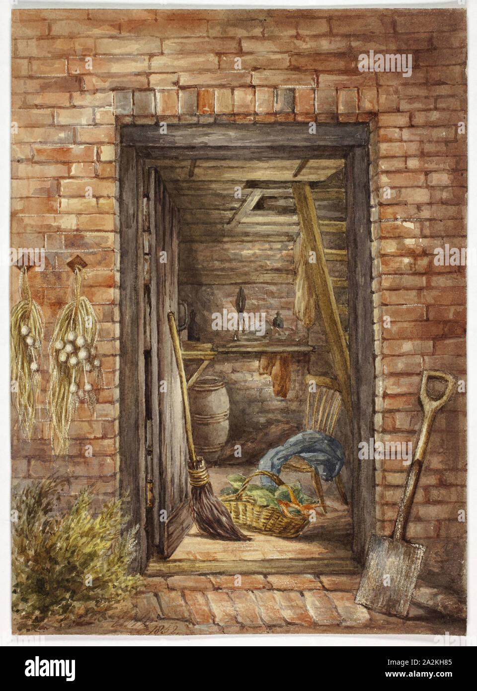 Muro di mattoni con lo sportello aperto e la pala, 1852, Elizabeth Murray, inglese, c. 1815-1882, Inghilterra, acquerello su tracce di grafite sulla crema carta intessuta, 254 mm × 184 mm Foto Stock