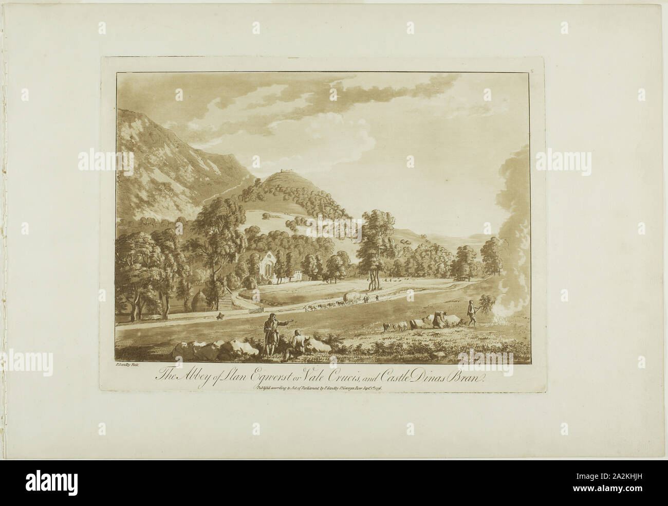 L' Abbazia di Llan Egnerst o Vale Crucis, e il castello di dinas Bran, 1776, Paul Sandby, Inglese, 1731-1809, Inghilterra ad acquaforte e acquatinta in sanguine su avorio carta vergata, 239 × 315 mm (piastra), 320 × 463 mm (foglio Foto Stock