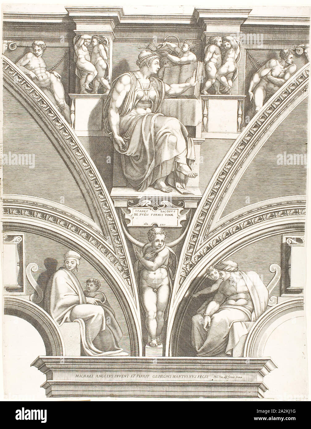 La Sibilla eritrea, c. 1570, Giorgio Ghisi (Italiano, 1520-1582), dopo Michelangelo Buonarroti (Italiano, 1475-1564), l'Italia, incisione su avorio carta vergata, 572 x 436 mm Foto Stock