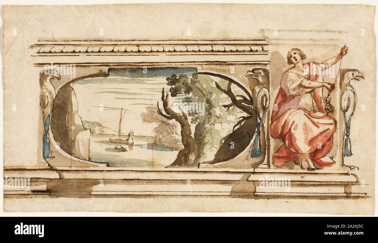 Studio per un dipinto di fregio, 1625/27, Flaminio Allegrini, Italiano, c. 1587-c. 1663, l'Italia, la penna e il marrone ed il grigio dell'inchiostro, con spazzola e lavaggio marrone e rosso chalk lavaggio, con tracce di bianco di piombo (parzialmente scolorito), su tan carta vergata, fissate sulla crema di latte di cui card, 145 x 256 mm Foto Stock