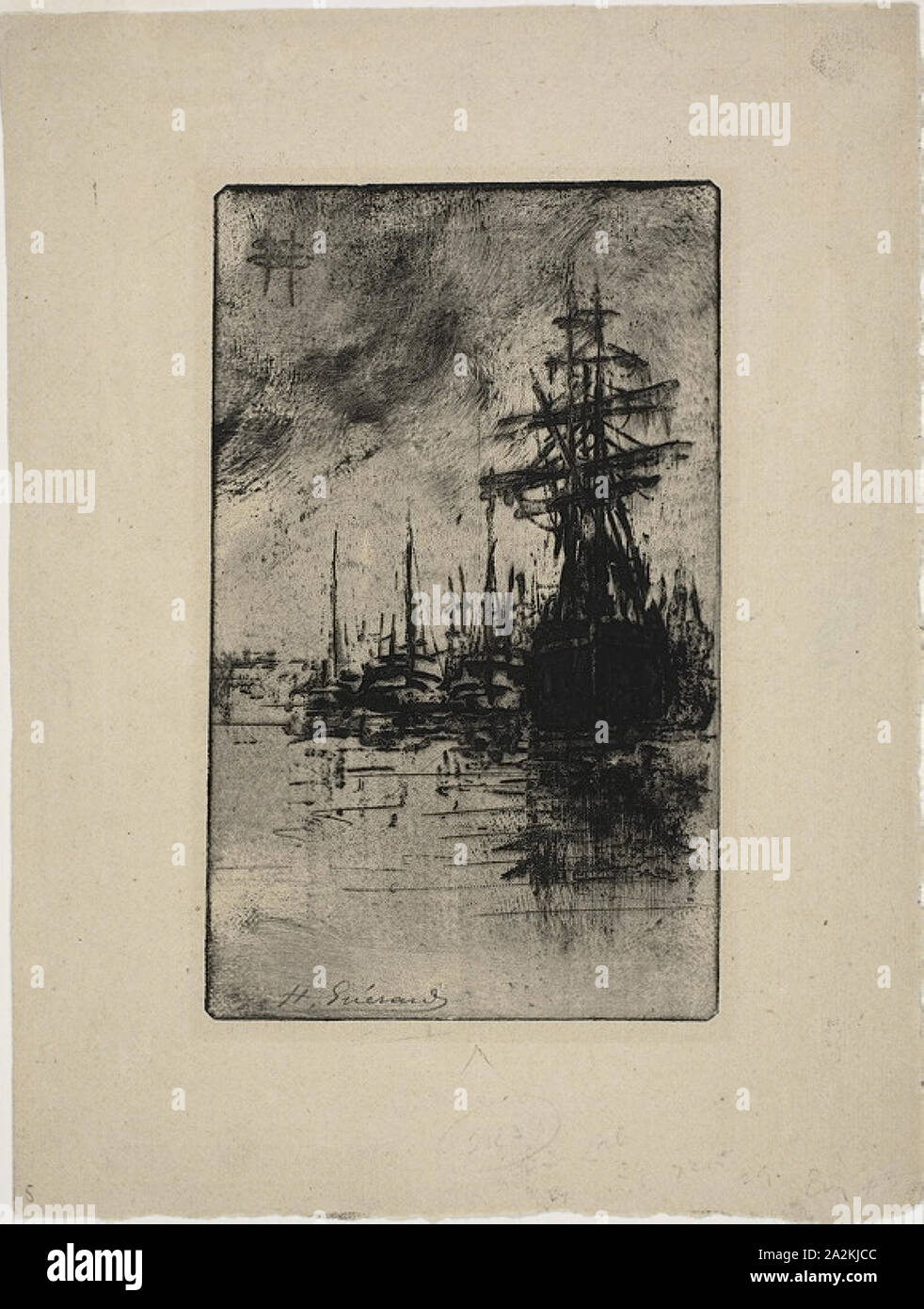 Barche a vela sull'acqua, c. 1888, Henri Charles Guérard, Francese, 1846-1897, Francia, incisione e puntasecca con tergivetri selettiva su buff carta vergata, 213 × 130 mm (piastra), 310 × 234 mm (foglio Foto Stock