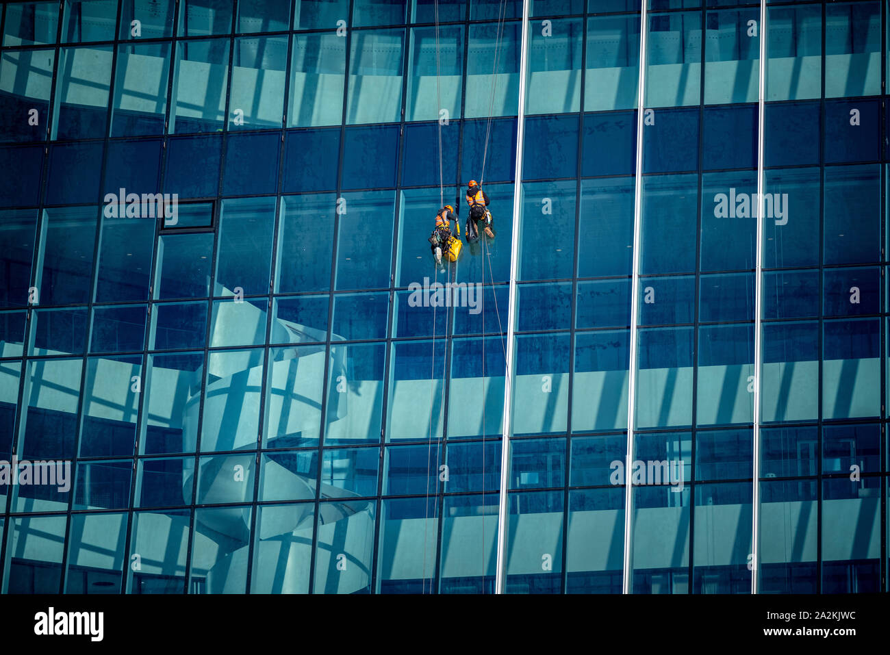 SteepleJacks fissaggio di telai di finestra sui grattacieli di Londra Foto Stock