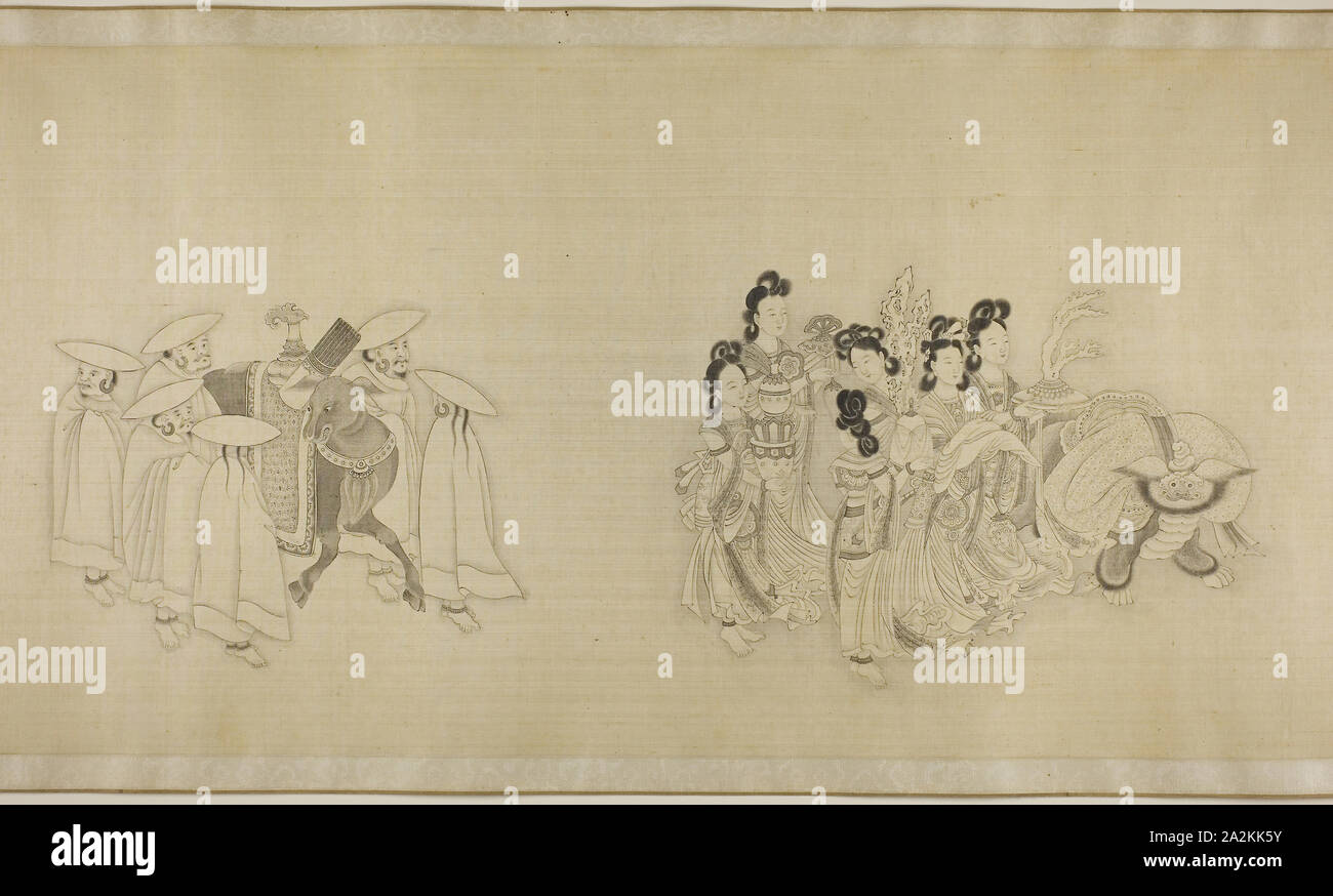Barbaro inviati presentando omaggio, dinastia Qing (1644-1911), c. 1850/1900, Cinese, firma spurie del Su Liupeng, Cina, Handscroll, inchiostro su seta, 34,9 × 355 cm Foto Stock
