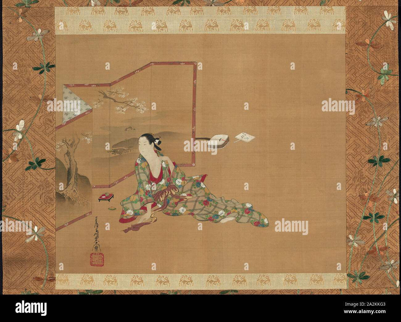 Una bellezza dietro uno schermo, circa 1750, Miyagawa Chôshun, Giapponese, 1683-1753, Giappone appesi a scorrimento, inchiostro e colori su seta, 30,4 x 37,1 cm (12 x 14 5/8 in.), compresi il montaggio e le manopole: 127.6 x 56,2 cm (50 1/4 x 22 1/8 in Foto Stock