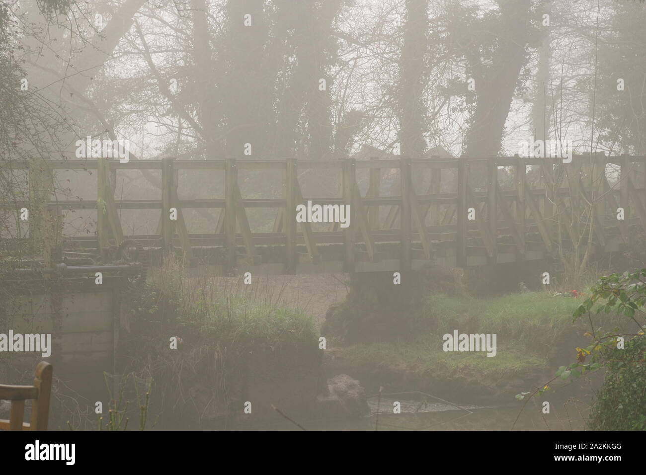 Legno Mulino Leat pedonale ponte su un nebbioso giorno inverni. Exeter Devon, Regno Unito. Foto Stock