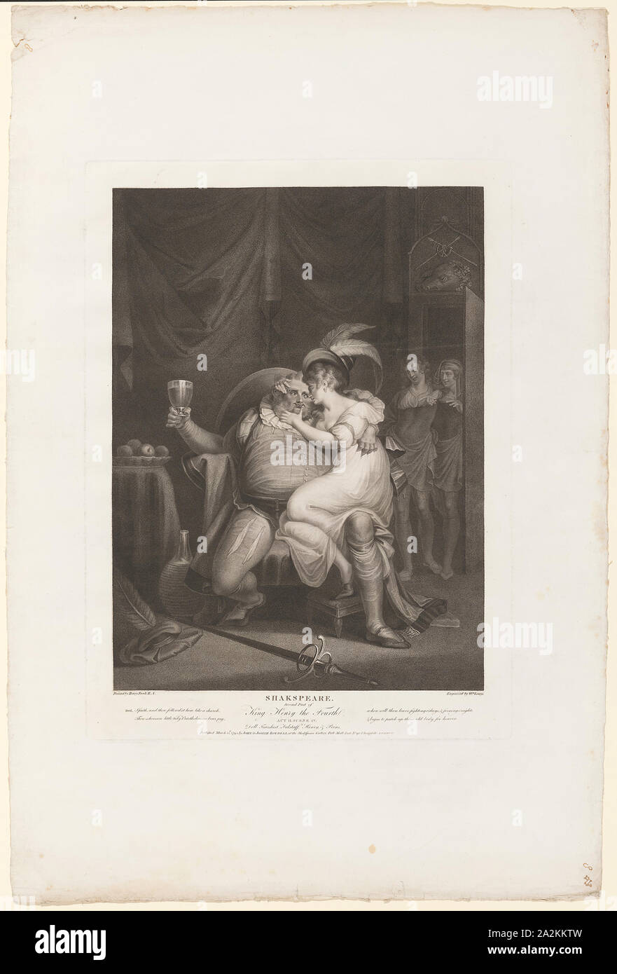 Il principe Hal e Poins sorpresa Falstaff con bambola Documentazione, 1795, William Satchwell Leney (Inglese, 1769-1831), dopo Henry Fuseli (Swiss, attivo in Inghilterra, 1741-1825), pubblicata da John Boydell (Inglese, 1719-1804), scritto da William Shakespeare (Inglese, 1564-1616), Inghilterra, incisione su avorio carta intessuta, 565 × 413 mm (piastra), 868 × 581 mm (foglio Foto Stock