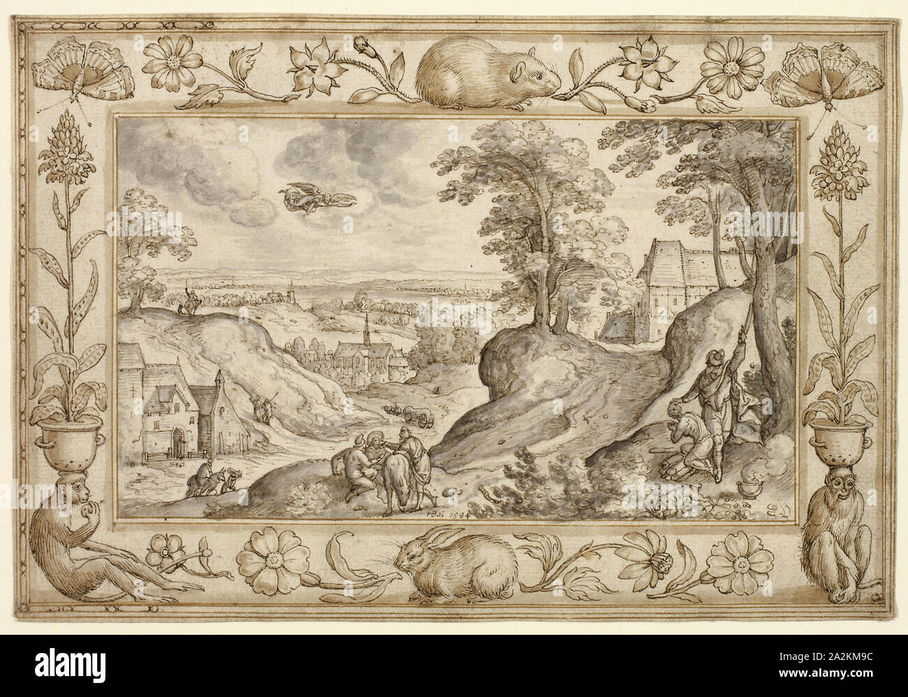 Paesaggio con il sacrificio di Isacco entro una cornice decorativa di piante e animali, 1584, Hans Bol, Netherlandish, 1534-1593, Paesi Bassi, a penna e inchiostro marrone e marrone e grigio lava su avorio carta vergata, incise con uno stilo per trasferimento, 145 x 212 mm Foto Stock