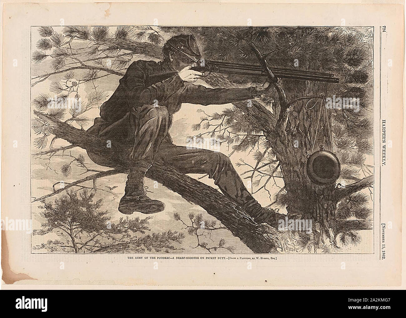 L'esercito del Potomac-Un Sharp-Shooter sul dovere di picchetto, pubblicato il 15 novembre 1862, Winslow Homer (American, 1836-1910), pubblicata da Harper's settimanale (American, 1857-1916), Stati Uniti, incisione su legno su carta, 231 x 349 mm (nell'immagine), 289 x 408 mm (foglio Foto Stock