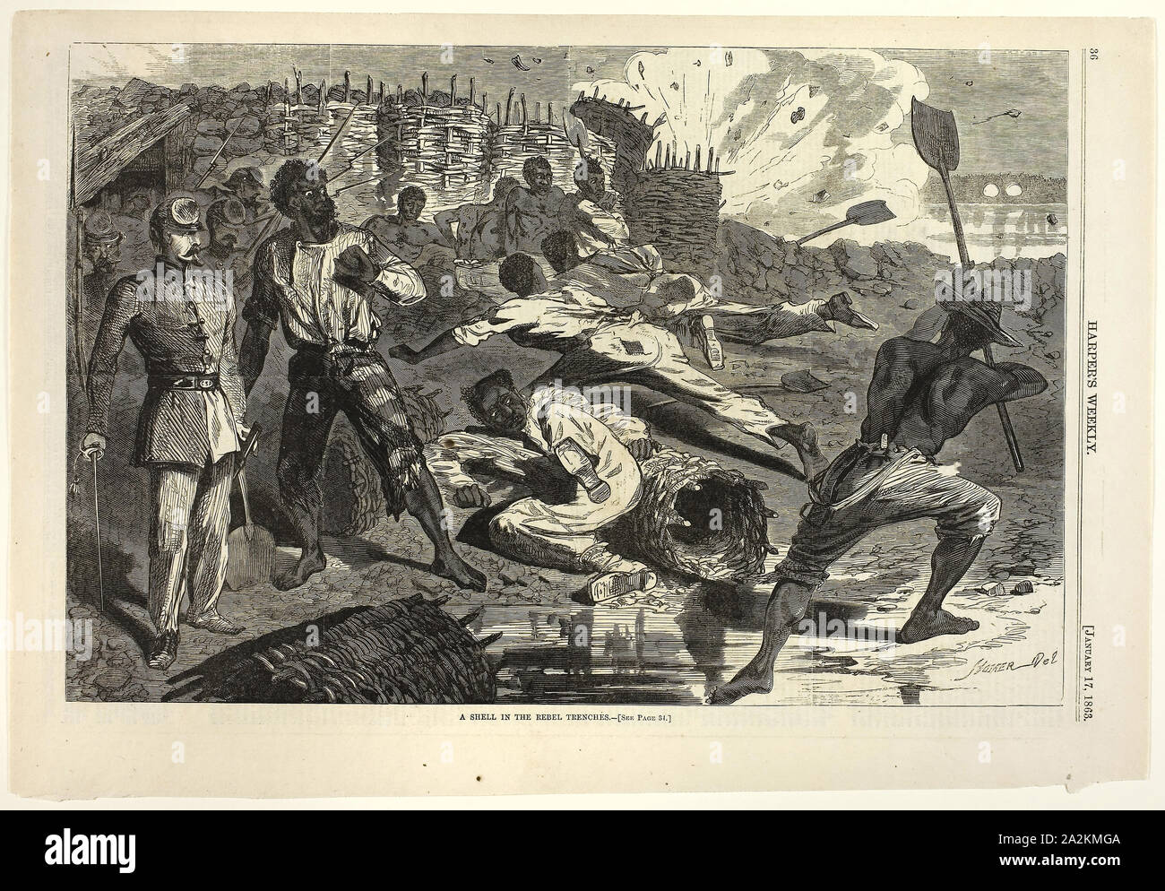 Un guscio in trincee ribelle, pubblicato il 17 gennaio 1863, Winslow Homer (American, 1836-1910), pubblicata da Harper's settimanale (American, 1857-1916), Stati Uniti, incisione su legno su carta, 230 x 350 mm (nell'immagine), 275 x 400 mm (foglio Foto Stock