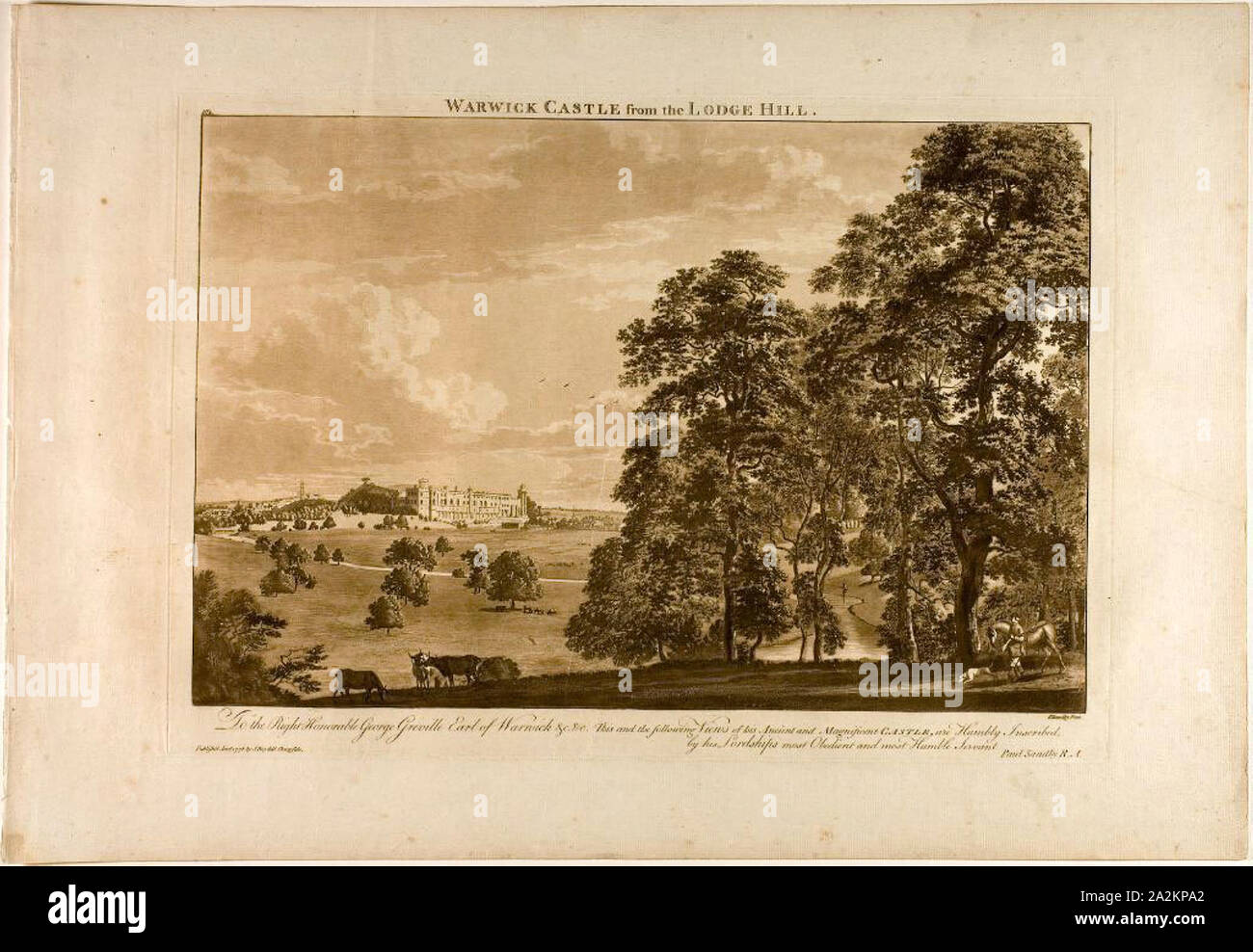 Il Castello di Warwick dal Lodge Hill, la piastra 1, gennaio 1776, Paul Sandby, Inglese, 1731-1809, Inghilterra ad acquaforte e acquatinta, stampato in bistre inchiostro sulla panna carta vergata, 301 × 450 mm (nell'immagine), 340 × 480 mm (piastra), 440 × 635 mm (foglio Foto Stock