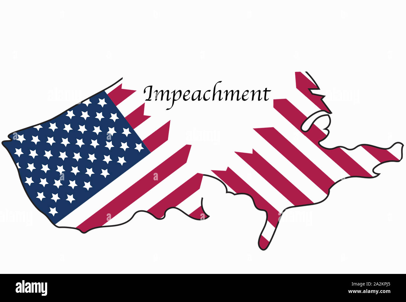 La parola impeachment dividendo la mappa usa e bandiera in pezzi. Foto Stock