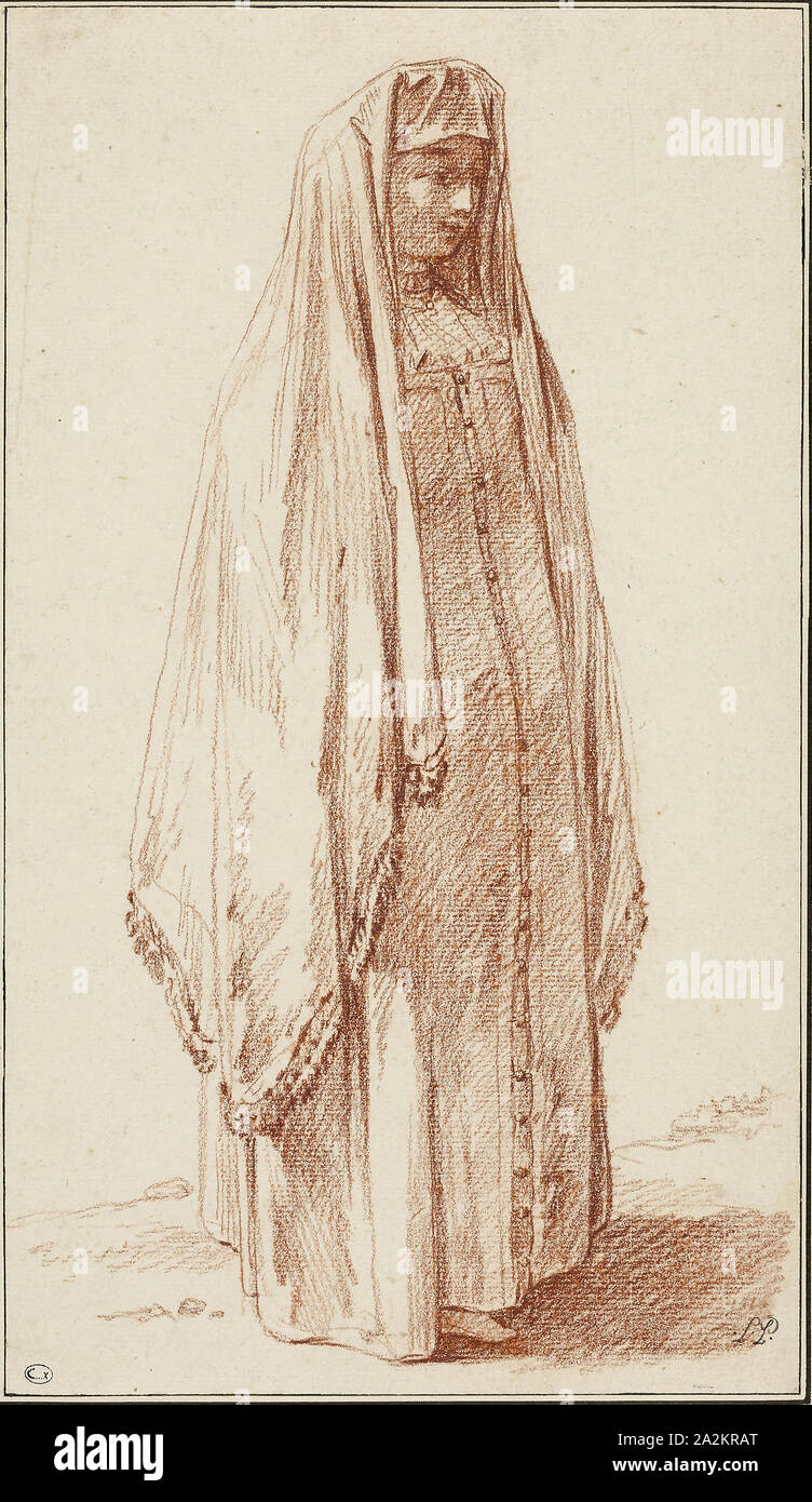 Una donna in abito Russo 1780, Jean Baptiste Le Prince, Francese, 1734-1781, Francia, gesso rosso sulla crema di latte di cui carta, fissate sulla crema di latte di cui carta, 347 × 199 mm (supporto primario), 472 × 336 (supporto secondario Foto Stock