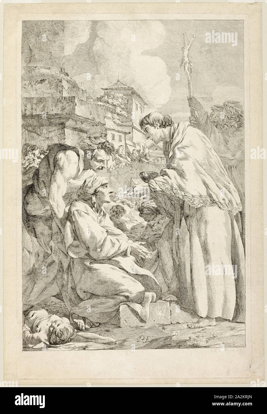 San Carlo Borromeo benedizione la Plague-Stricken, n.d., Jean Baptiste Marie Pierre, Francese, 1713-1789, Francia, attacco in nero su bianco carta vergata, 555 × 377 mm (nell'immagine), 615 × 396 mm (piastra), 640 × 440 mm (foglio Foto Stock