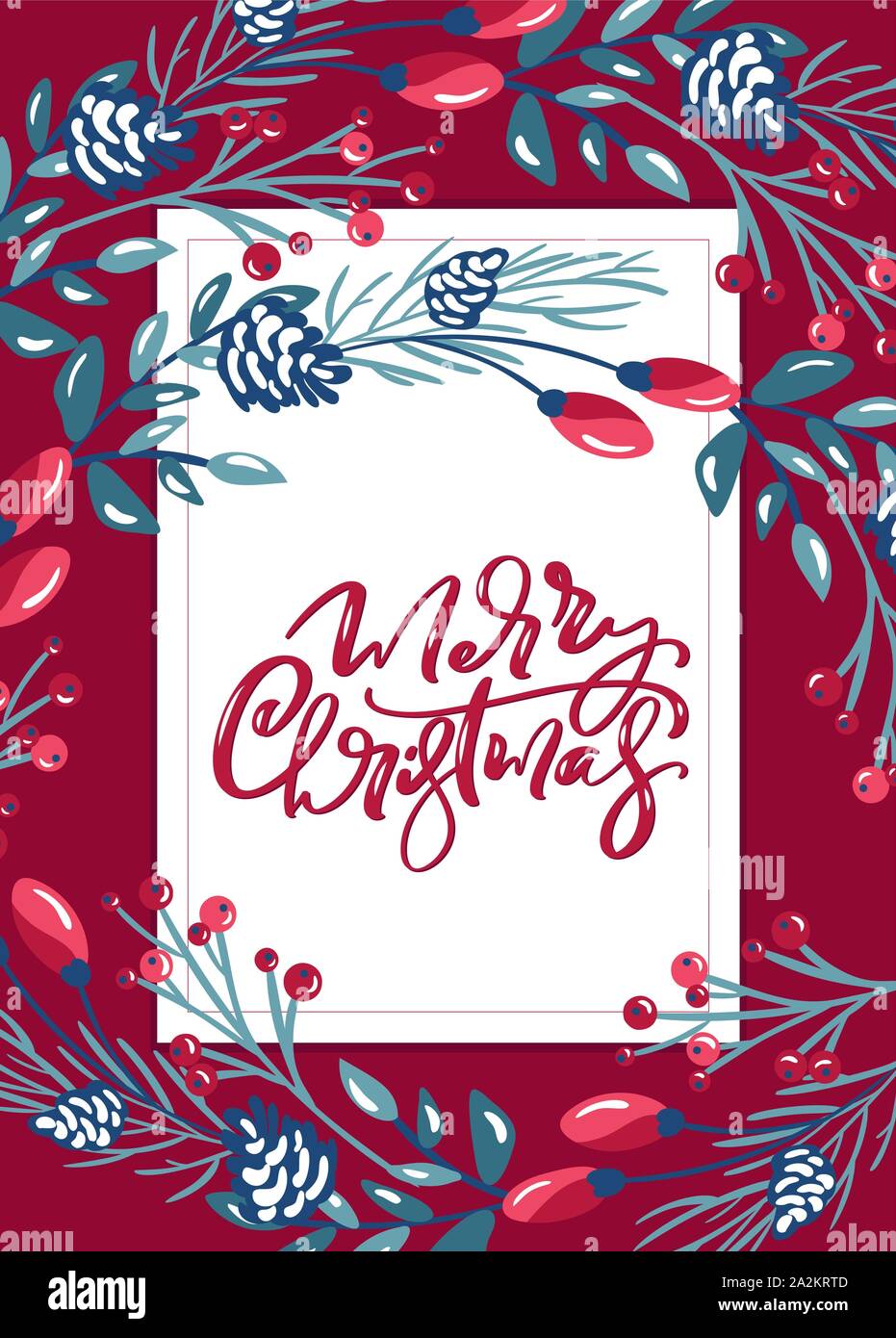 Buon Natale calligrafica lettering scritto a mano testo vettoriale. Biglietto di auguri design con piante floreali xmas elementi. Moderno stagione invernale cartolina Illustrazione Vettoriale