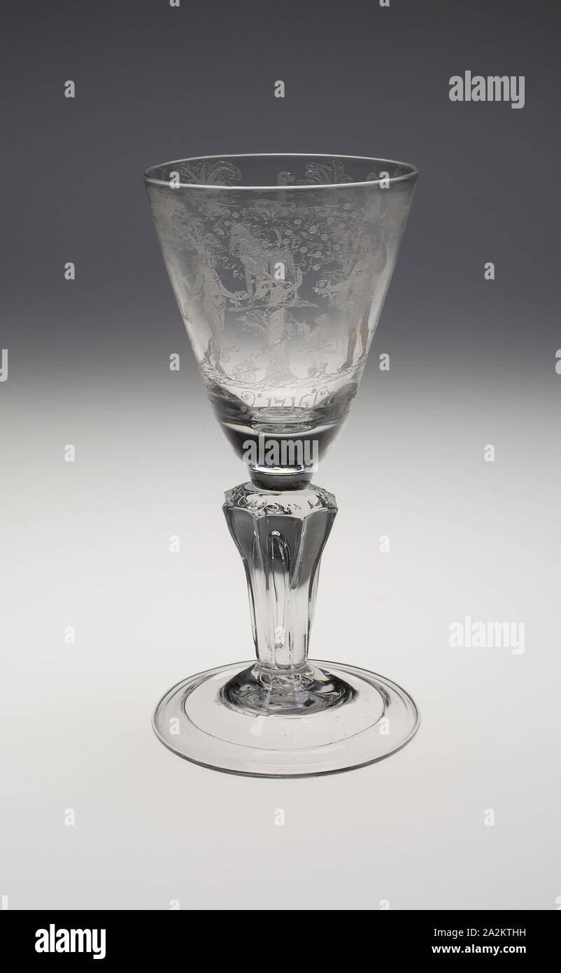 Wineglass commemorativa per l'incoronazione di George IO, c. 1714 (inciso 1716), in Inghilterra, il diamante-inciso il vetro al piombo, 20,6 × 10,1 × 10,1 cm (8 1/8 × 4 × 4 in Foto Stock