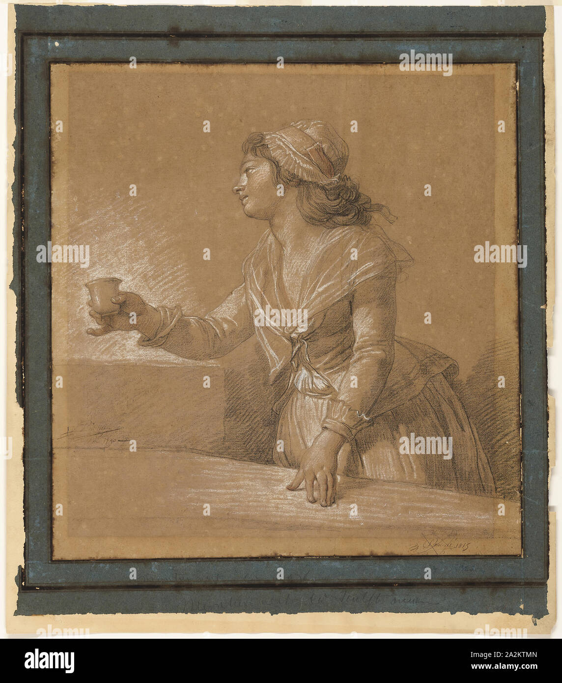 Ritratto di Marie-Gabrielle Capet, 1790, François André Vincent, Francese, 1746-1816, Francia, in bianco e nero i gessi, con tocchi di rosso chalk, su tan carta vergata, fissate sulla crema carta intessuta, con margini in blu di cui carta e penna e ferro gall inchiostro, 462 × 440 mm (supporto primario), 588 x 512 mm (supporto secondario Foto Stock