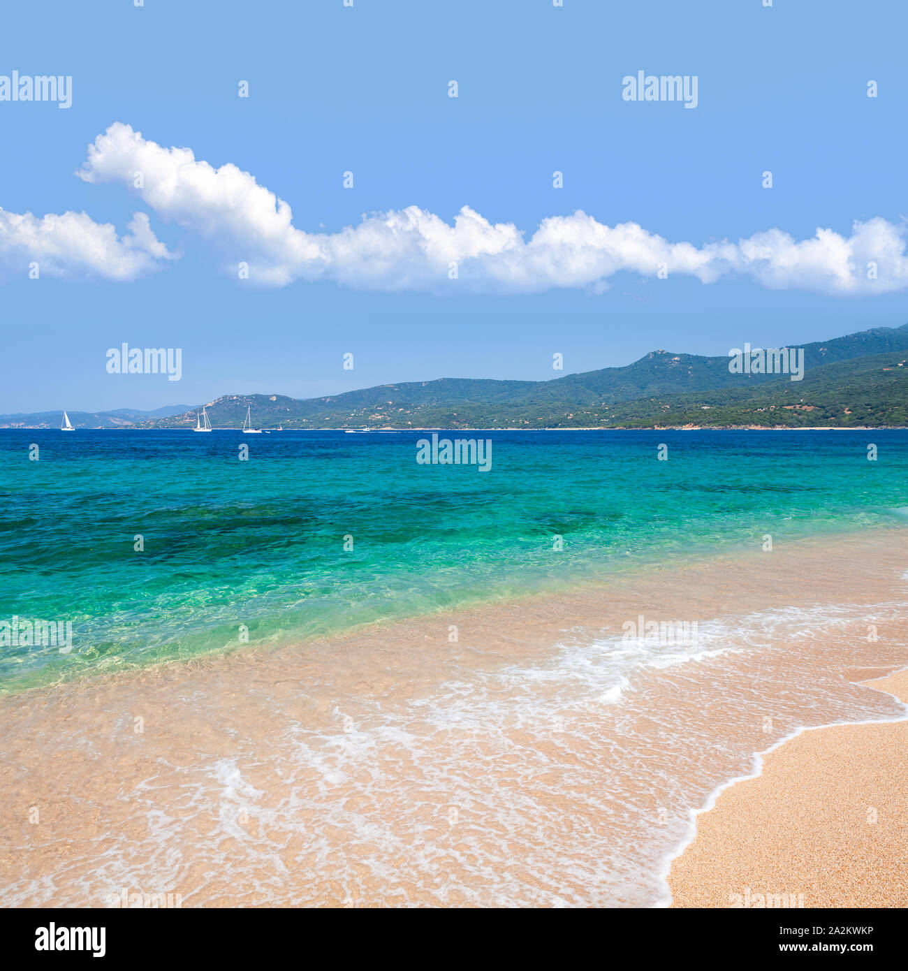 Spiaggia vuota al giorno d'estate e di sole sotto nuvoloso cielo blu. Propriano, Corsica, Francia. Square foto di sfondo Foto Stock