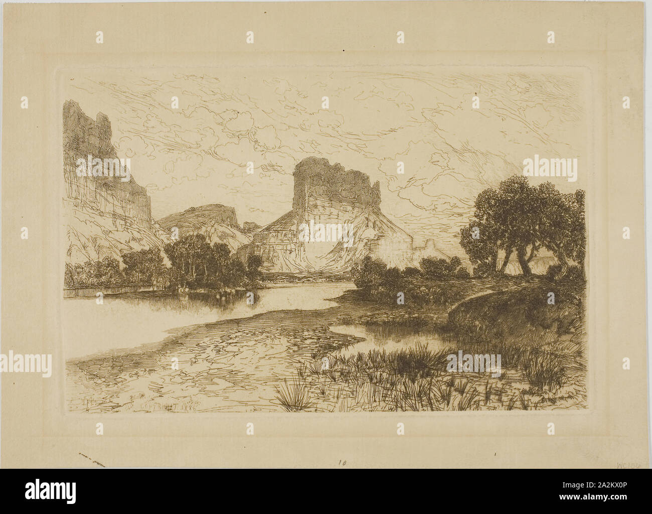 Green River, Territorio del Wyoming, 1886, Thomas Moran, americano, nato in Inghilterra, 1837-1926, Stati Uniti, incisione su tan carta intessuta, 134 x 204 mm (piastra), 178 x 246 mm (foglio Foto Stock