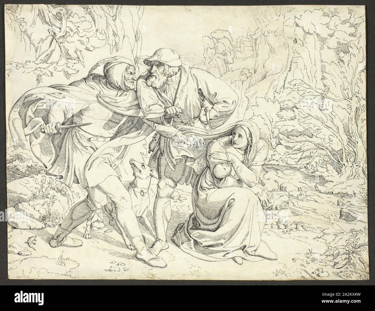 Genoveva's assassini abbiano pietà, c. 1830, Giuseppe Ritter von Führich, della Boemia, 1800-1876, Boemia, penna e inchiostro nero su tracce di grafite, su avorio carta intessuta, parzialmente fissate su avorio carta intessuta, 234 × 307 mm Foto Stock