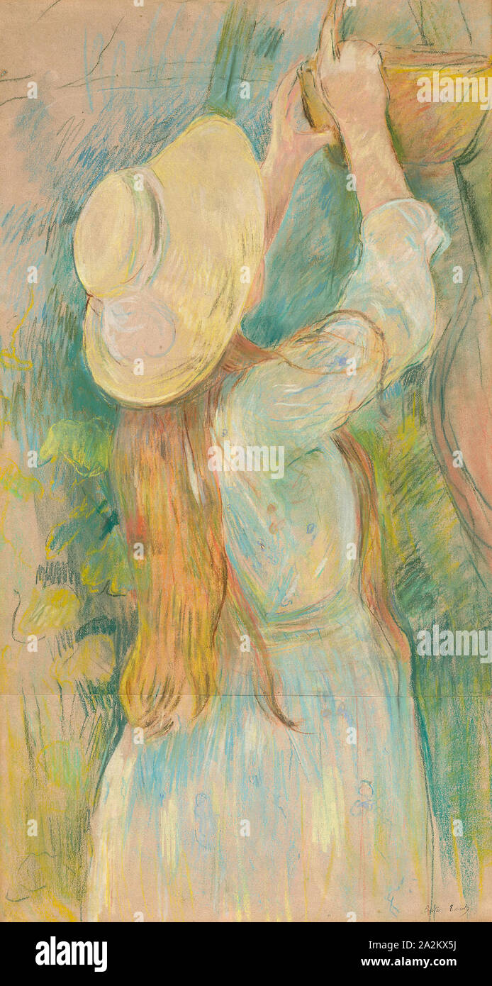 Giovane ragazza tenendo un cestello, 1891, Berthe Morisot, francese, 1841-1895, Francia, pastello rosa su cui la carta con rosso inclusioni fibroso (perforato al fondo), stirata e bordo montato su una carta a nido d'ape pannello, 459 × 838 mm Foto Stock