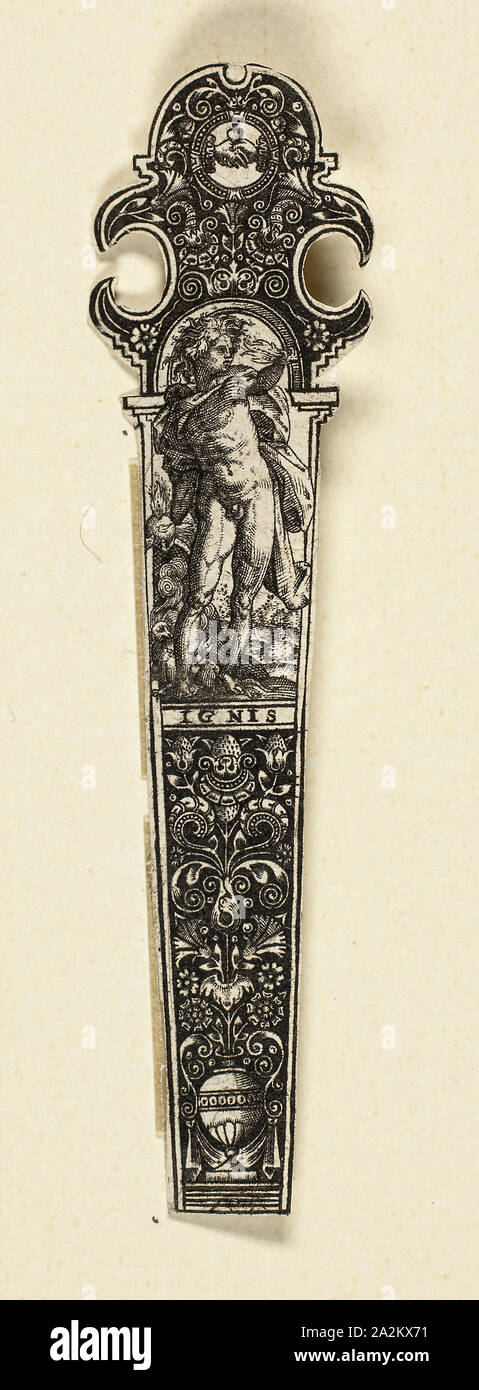 Disegno ornamentale per manico coltello con il fuoco, da quattro elementi, circa 1590, Johann Theodor de Bry, Tedesco, 1561-1623, Fiandre, incisione in nero su avorio carta vergata, 90 × 22 mm (l'immagine/foglio, rifilato entro la piastra mark Foto Stock