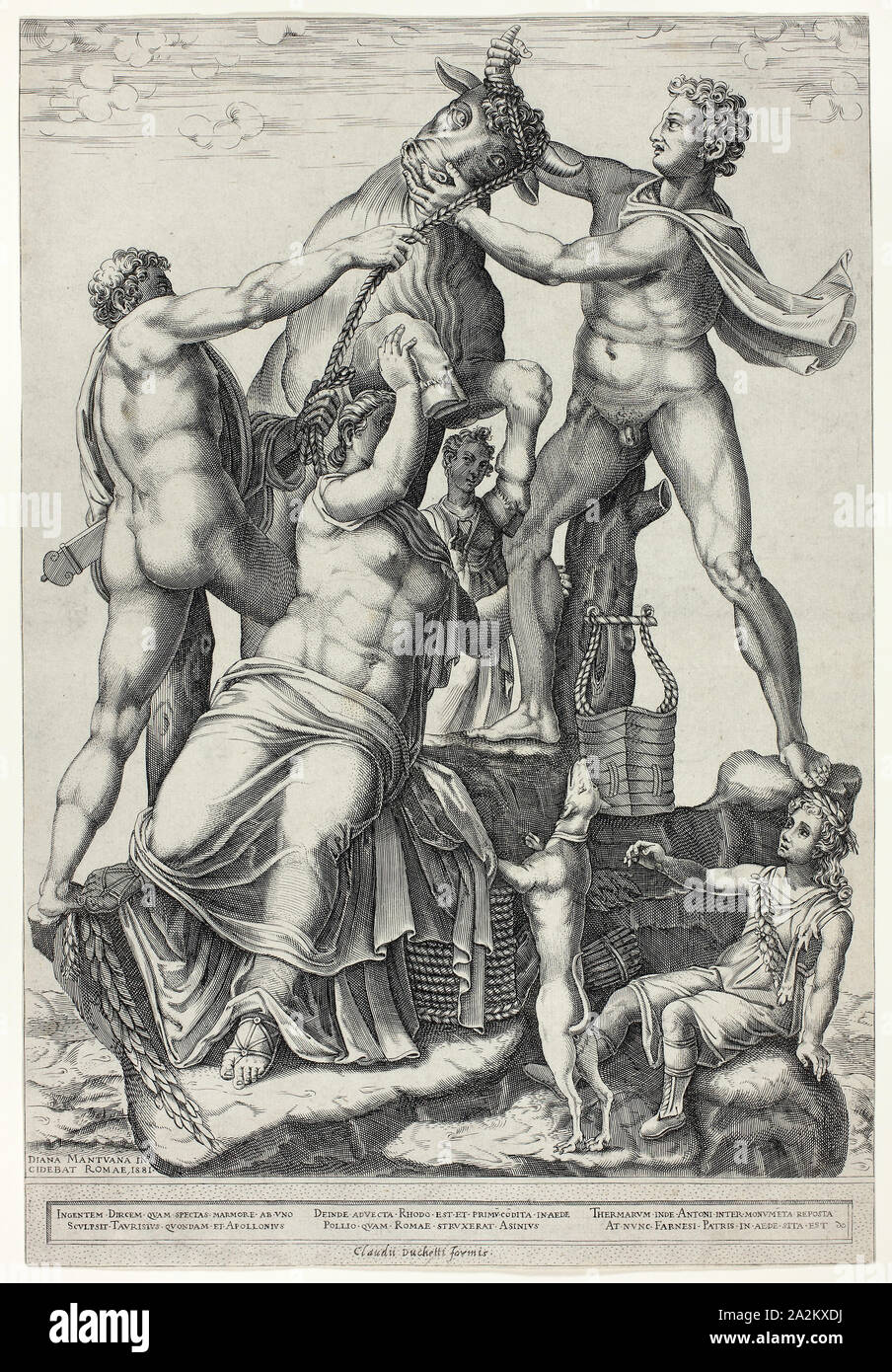 Il Toro Farnese con Dirce, Zethus e Amphion, 1581, Diana Scultori, Italiano, c. 1536-c. 1590, l'Italia, incisione in nero su avorio carta vergata, 369 x 272 mm (nell'immagine), 398 x 272 (foglio, temporizzato nel segno della piastra Foto Stock