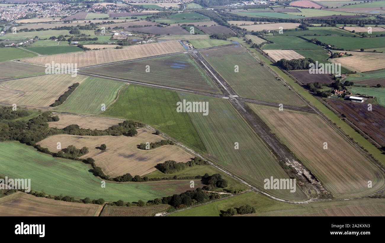 Vista aerea del campo di aviazione di masterizzazione Aerodrome, casa di masterizzare Parapendio Club, vicino a Selby, North Yorkshire, Regno Unito Foto Stock