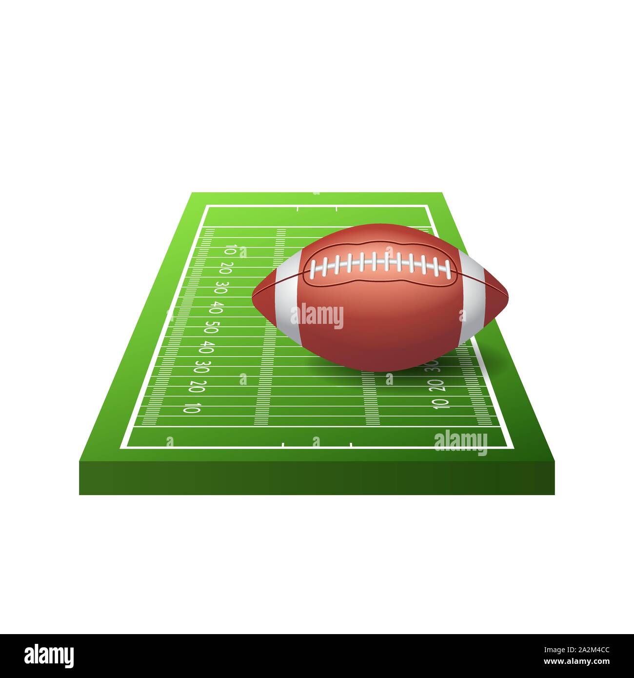 3d American Football Icona campo con erba verde e la sfera isolata su sfondo bianco, illustrazione vettoriale. Illustrazione Vettoriale
