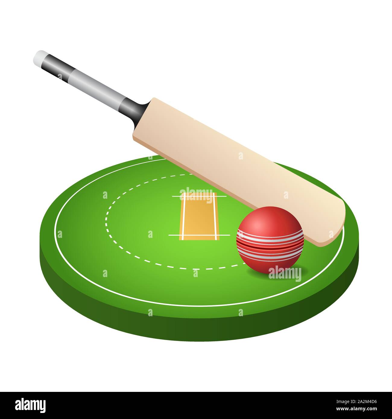 3d campo di cricket con erba verde, palla rossa e icona bat isolati su sfondo bianco, illustrazione vettoriale. Illustrazione Vettoriale