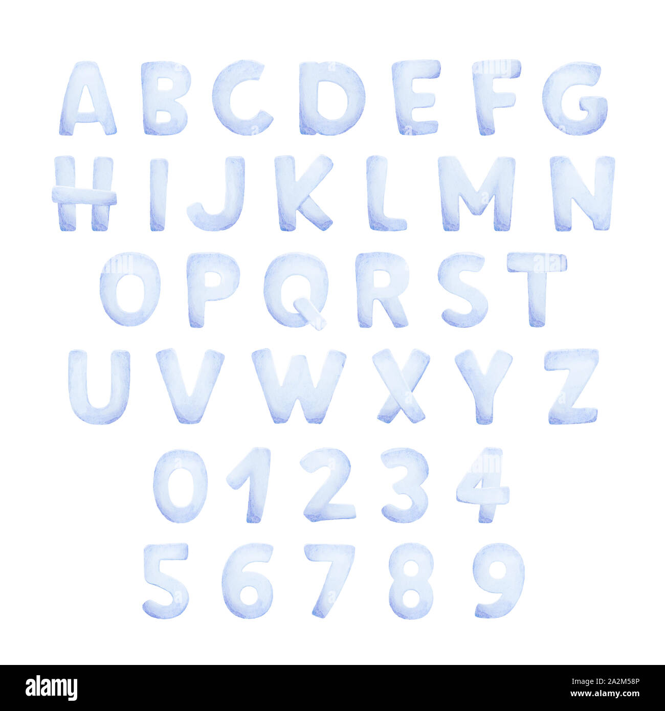 Acquerello alfabeto e numeri. Baby alfabeto. Lettere di neve. Scritte a mano. Luce di colore blu. Sfondo bianco. La qualità di stampa Foto Stock