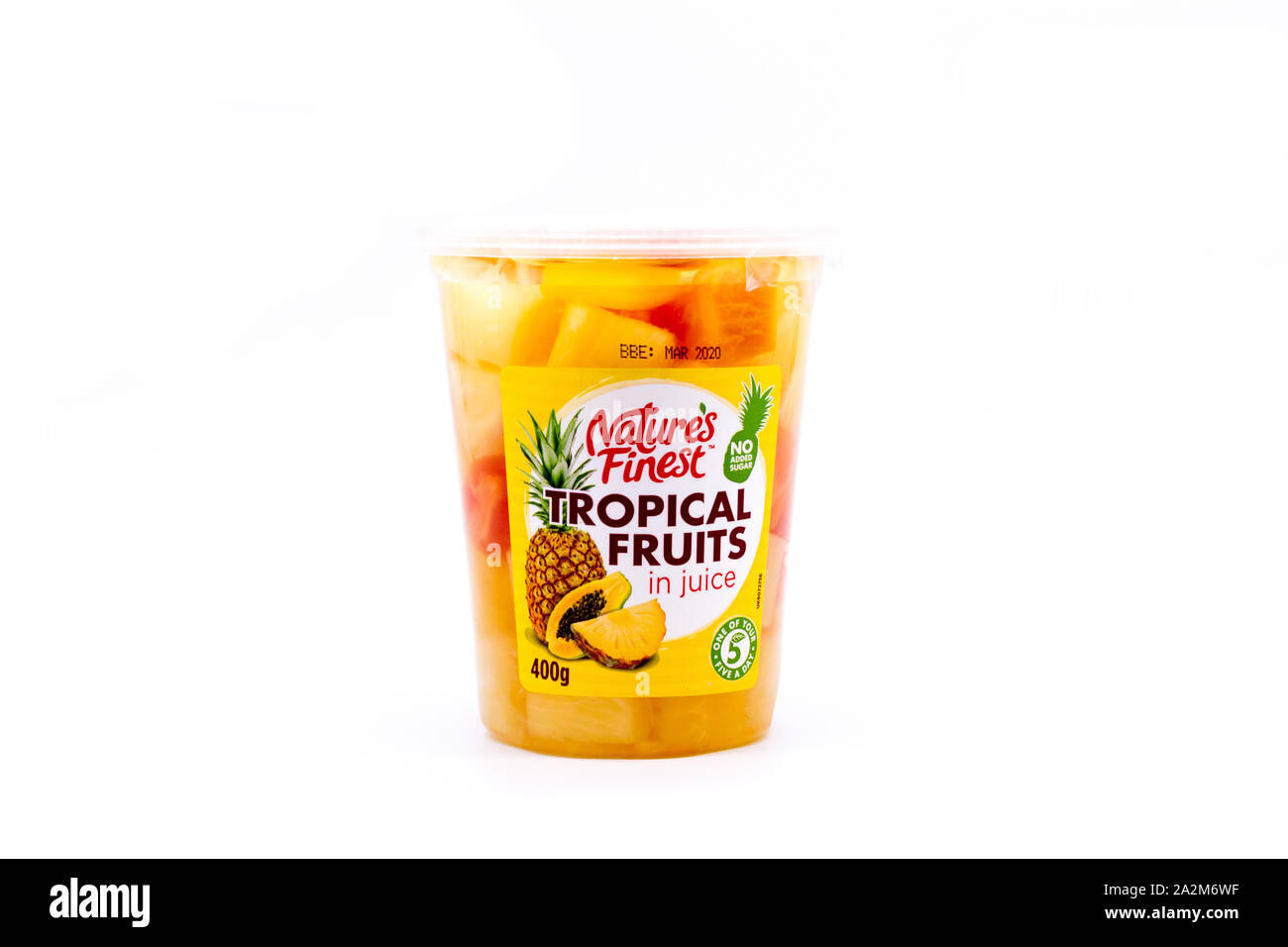 Scatola di cartone di " Nature " migliori frutti tropicali. 1 di 5 al giorno. Regno Unito Foto Stock