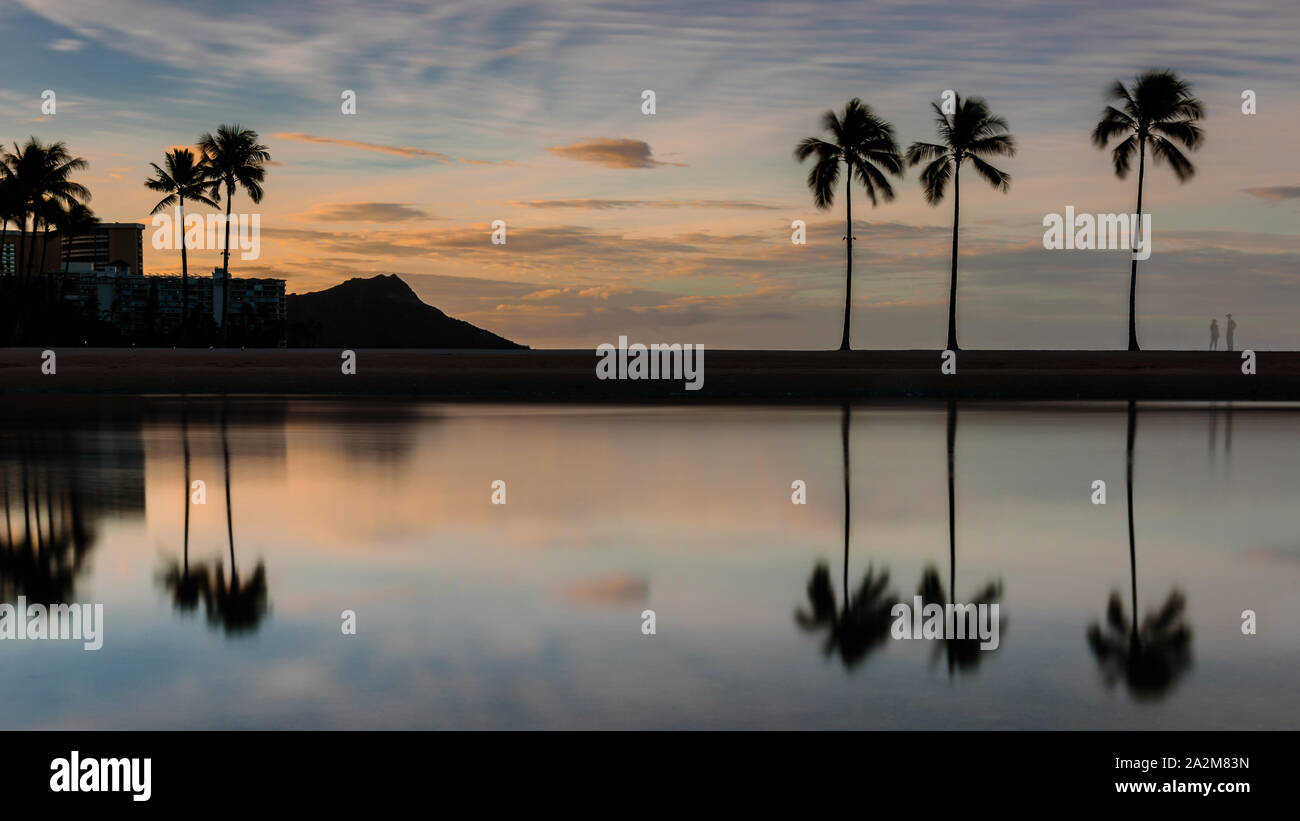 Riflessione e sagome di palme e Diamond Head vulcano sulla spiaggia di Waikiki Beach, Hawaii, all alba di una mattina d'estate. Gli alberi sono riflessi Foto Stock
