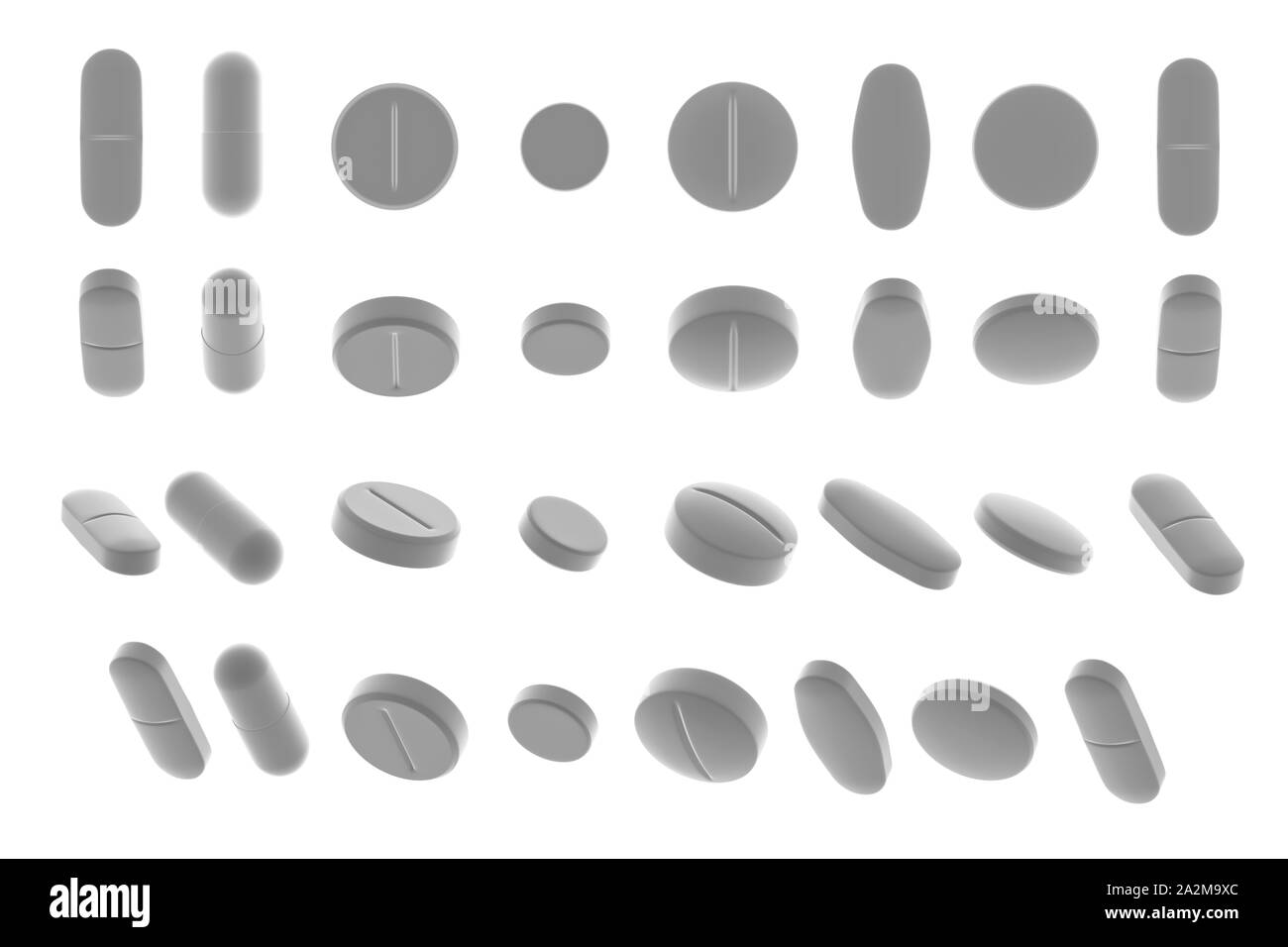 Droghe e pillole su sfondo bianco, medico pillola, Tablet simbolo. 3d'illustrazione. Il rendering 3D Foto Stock