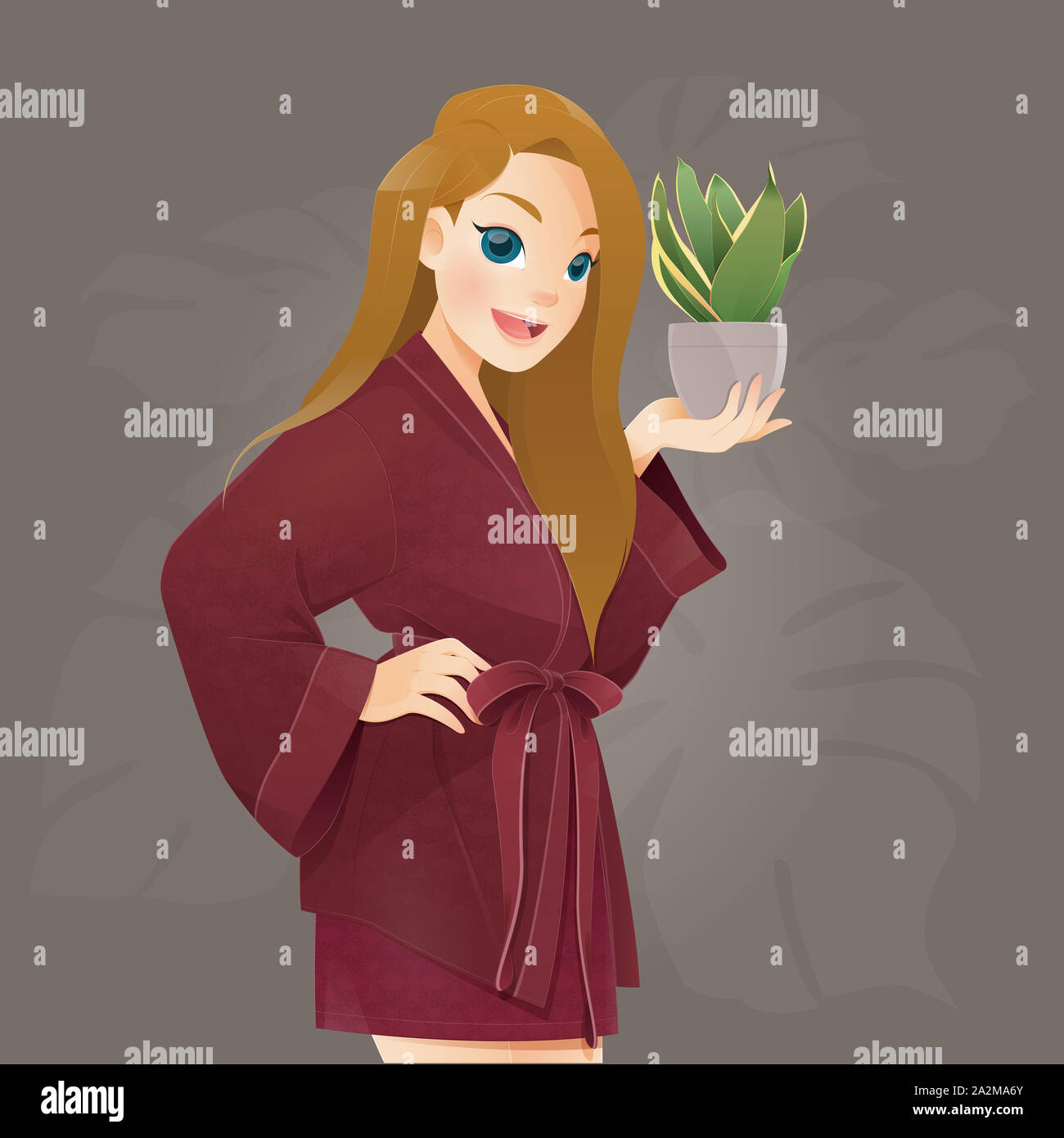 Donna in abito rosso trattenere aria impianto di depurazione in pentola di grigio sullo sfondo marrone, impianto di serpente o di Sansevieria trifasciata Foto Stock