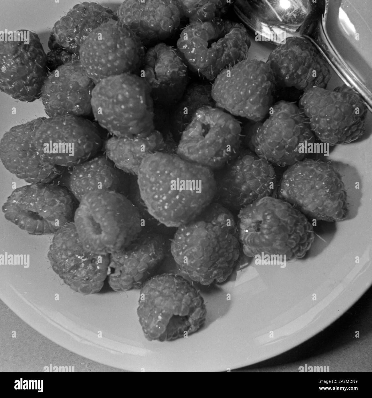Nahaufnahme eines scrutatori mit Himbeeren, Deutschland 1930er Jahre. Primo piano di una piastra con lamponi, Germania 1930s. Foto Stock