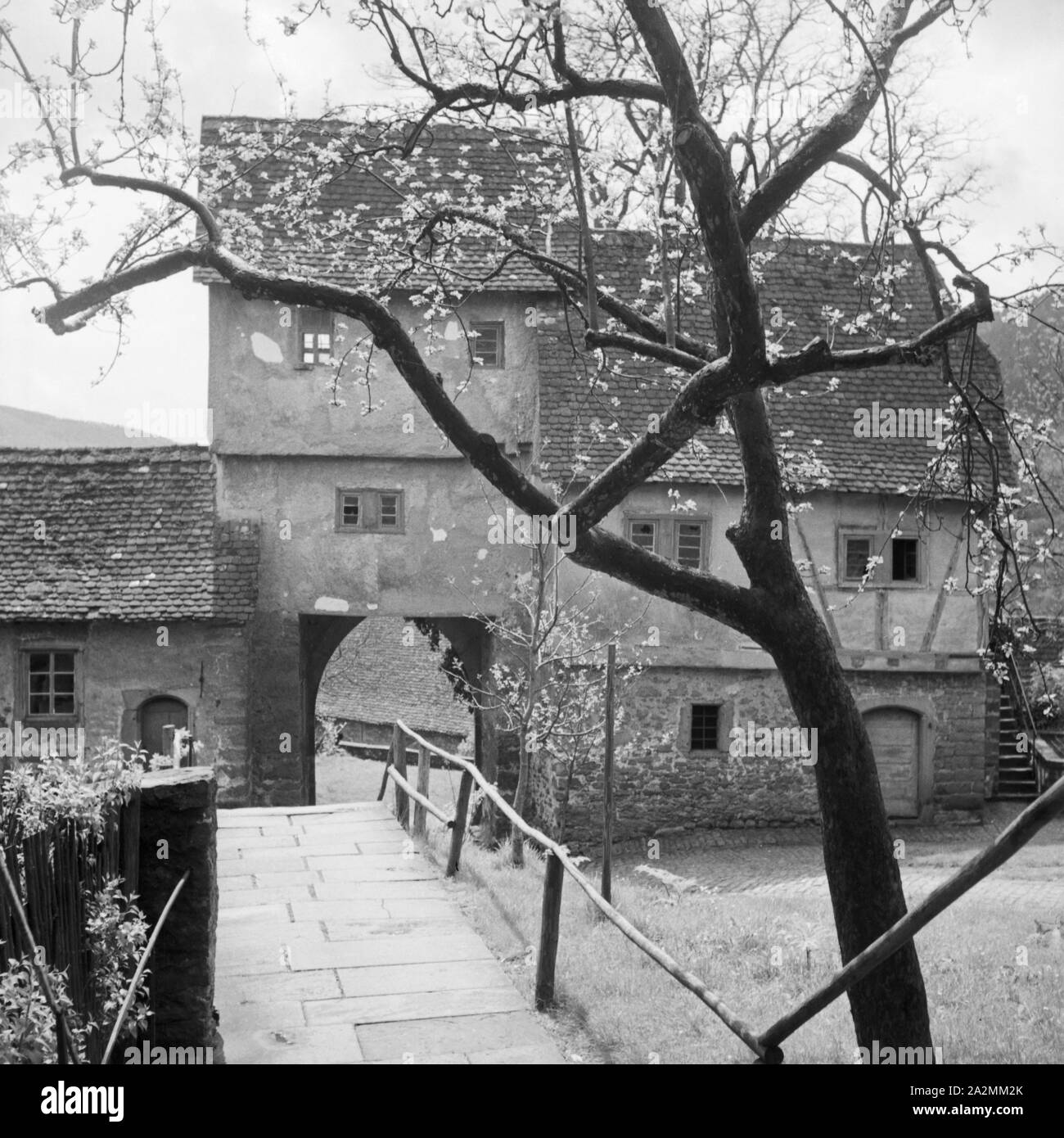 Alte Hofeinfahrt in Hirschhorn am Neckar im Odenwald, Deutschland 1930er Jahre. Vecchia entrata con piatto a Hirschhorn sul fiume Neckar nella regione di Odenwald, Germania 1930s. Foto Stock