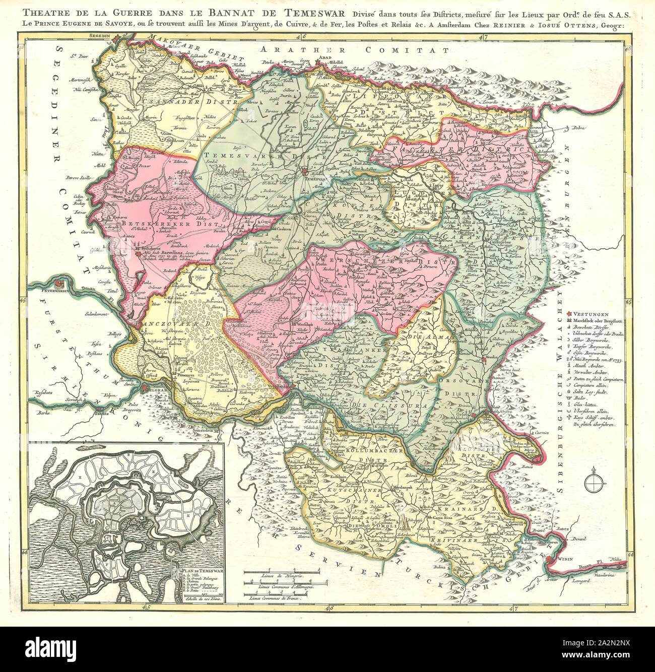 Mappa, Teatro de la guerre dans le Bannat de Temeswar divisé dans touts ses distretti, mesuré sur les lieux per Ord.e de feu S.A.S le prince eugene de Savoye, ou se trouvent aussi miniere d'argent, de cuivre & de fer, les postes et relais &c., calcografia stampa Foto Stock