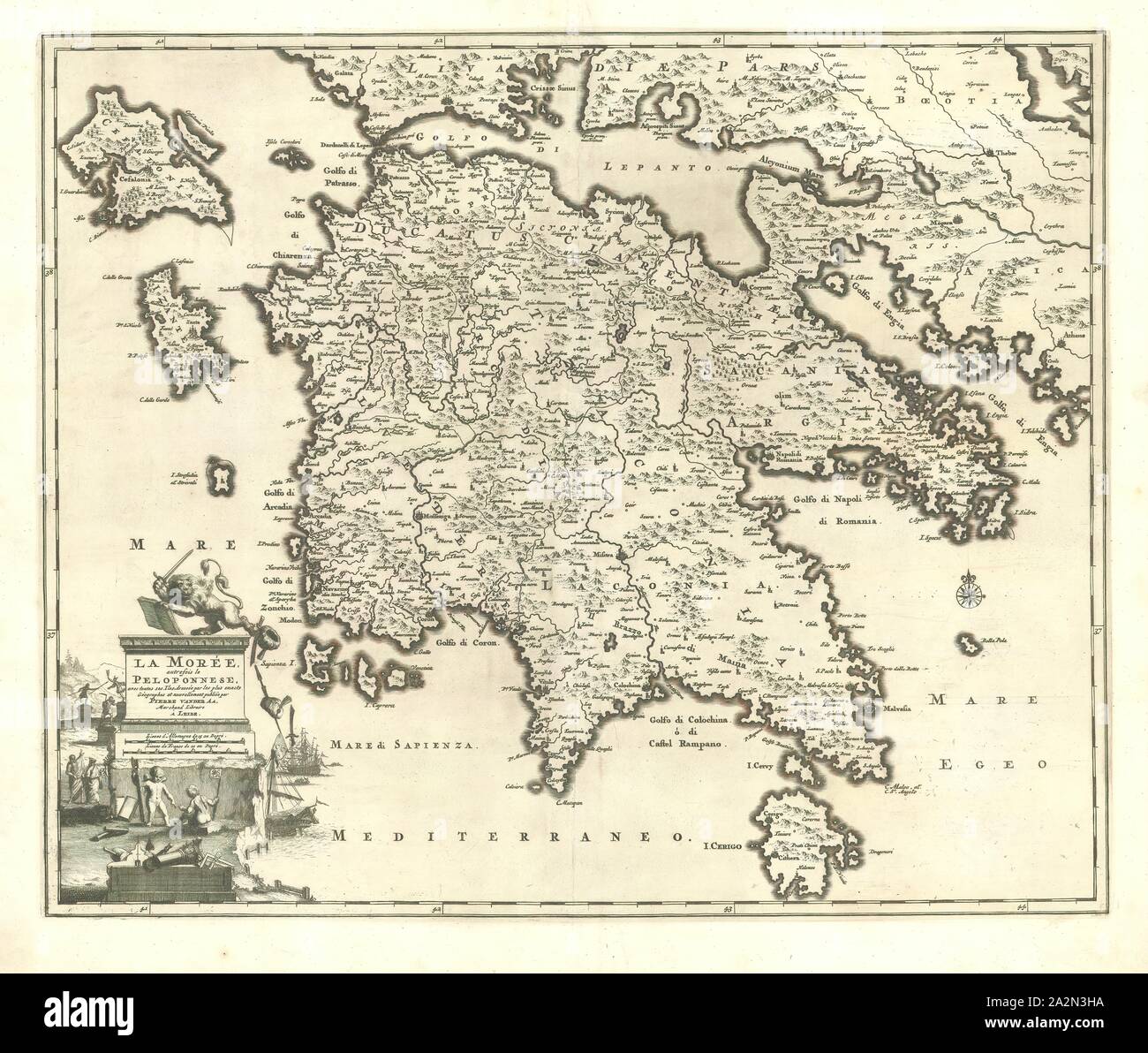 Mappa, Morée, autrefois le Peloponneso, calcografia stampa Foto Stock