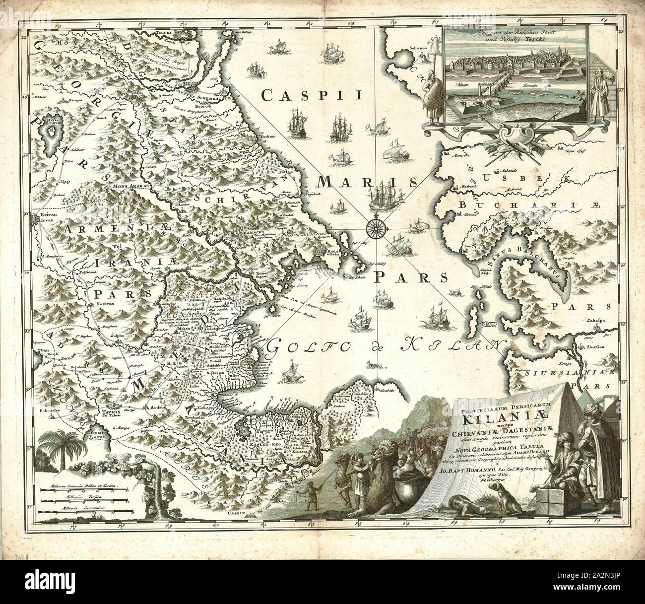 Mappa, Provinciarum Persicarum Kilaniae nempe Chirvaniae Dagestaniae aliarumque vicinarum regionum partium Nova tabula Geographica, Adam Olearius (1603-1671), stampa di calcografia Foto Stock