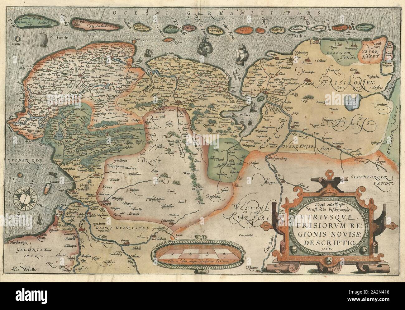 Mappa, Oost ende West Vrieslandts beschrijvinghe, Abraham Ortelius (1527-1598), stampa di calcografia Foto Stock