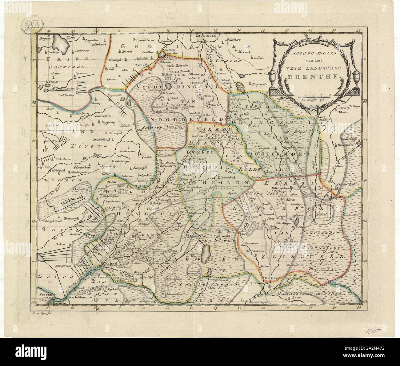 Mappa, Nieuwe kaart van het landschap vrye Drenthe, J. van Jagen (c. 1710-1800), stampa di calcografia Foto Stock