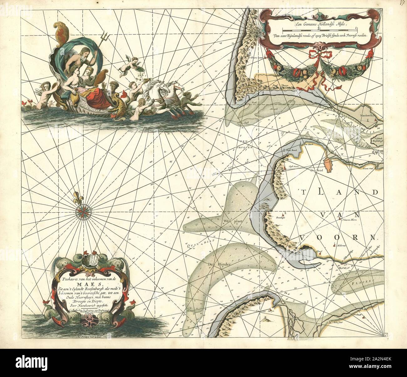 Mappa, Paskaerte van het inkoomen van de Maes tot aen 't Eylandt Roosenburgh als mede 't inkoomen van 't Goereesche gat tot aen Oude Hoornsluys, incontrato hunne droogte en diepte, Johannes Van Keulen (1654-1715), stampa di calcografia Foto Stock